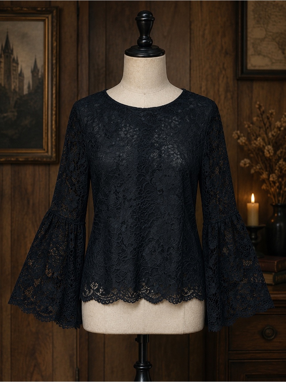 Black Lace Bell-Sleeve‎ Witchy Black Academia Renaissance Fair Women’s Blouse